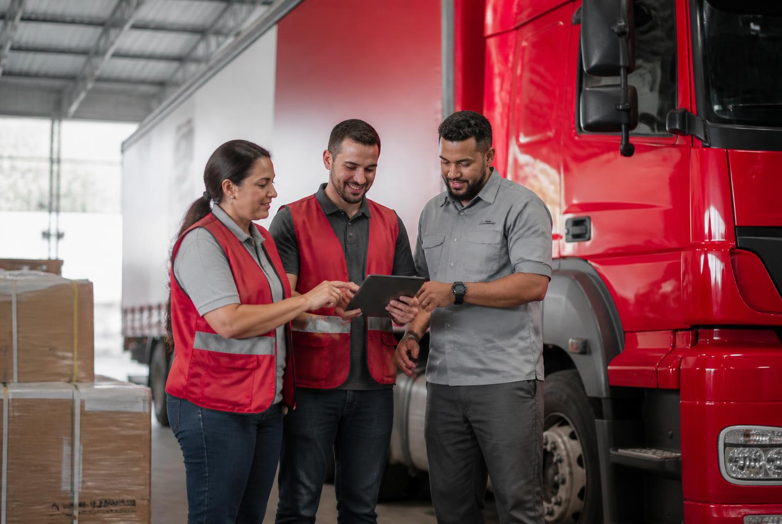 Equipe de logística alinhando uma operação ao lado de um caminhão